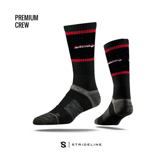 Strideline Premium Crew Socks in black with red stripes, featuring cushioned sole and moisture-wicking fabric. High-performance athletic socks for WHS XC team, showcasing comfort and style for cross country runners.